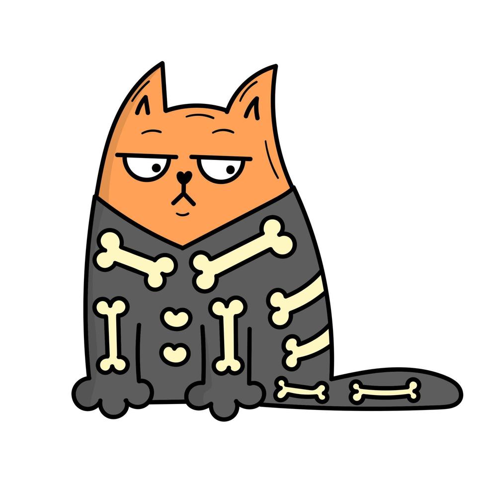 gato cinza bonito em uma fantasia de esqueleto para o halloween. ilustração de estilo doodle vetor