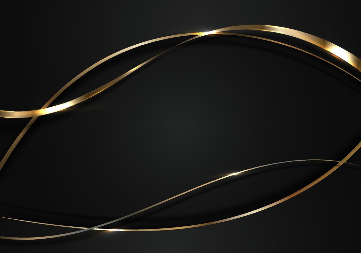 abstrato 3d elegante ouro e linhas de onda curvas pretas com luz brilhante brilhante no estilo de luxo de fundo escuro vetor