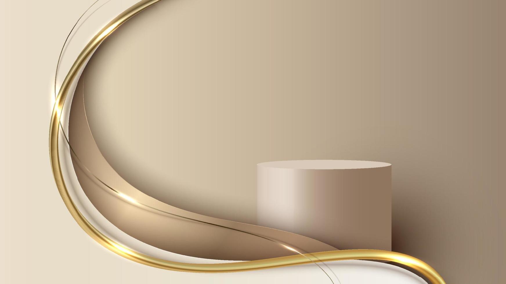 modelo abstrato pódio de cilindro 3d forma de onda dourada elegante com linha de ouro brilhante iluminação cintilante no estilo de luxo de fundo creme vetor