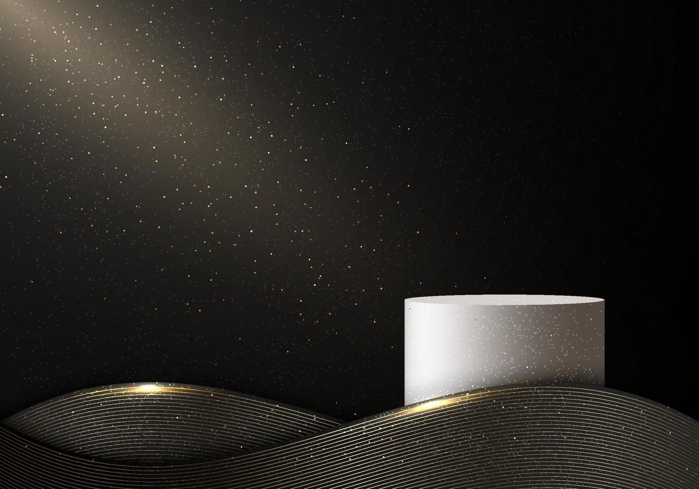 pódio de cilindro branco 3d elegante abstrato com linhas de onda pretas e douradas e brilho de pó de ouro em fundo escuro vetor