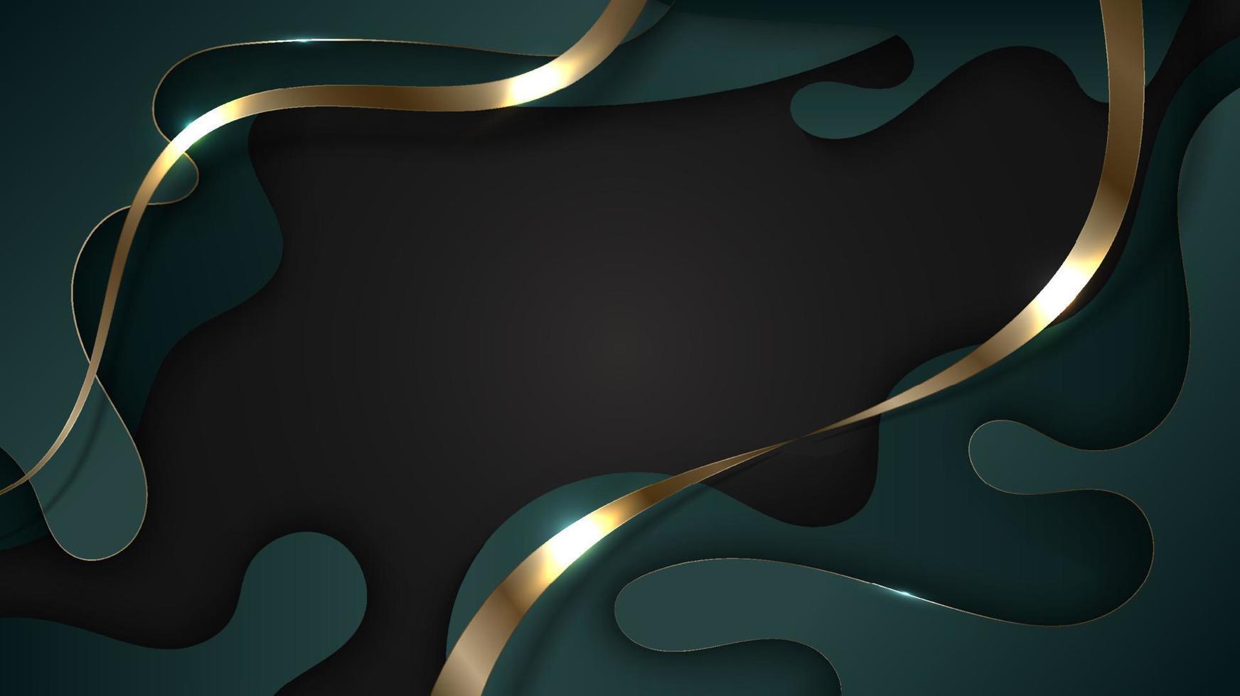 fluido verde 3d de luxo abstrato com linhas douradas no estilo de corte de papel de fundo preto vetor