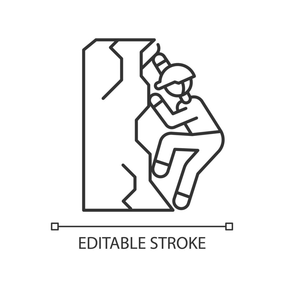 ícone linear de escalada no gelo. ilustração de linha fina. esporte radical de inverno, atividade arriscada e aventura. passatempo perigoso. montanhismo. símbolo de contorno. desenho de contorno isolado de vetor. traço editável vetor