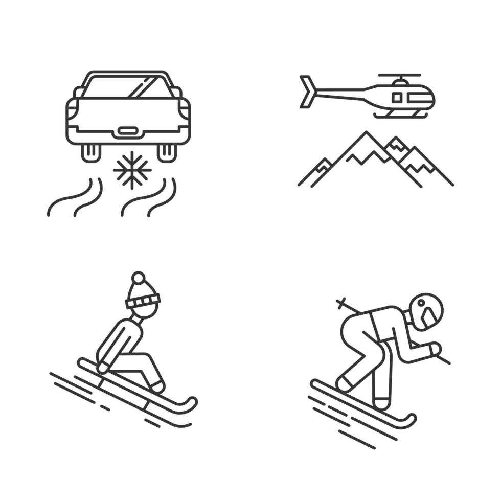 conjunto de ícones lineares de atividade extrema de inverno. lazer e recreação ao ar livre na estação fria. condução no gelo, trenó. símbolos de contorno de linha fina. ilustrações de contorno de vetor isolado. traço editável