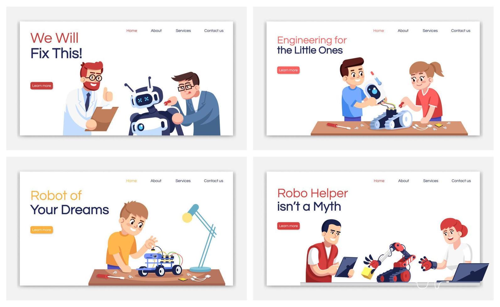 conjunto de modelos de vetor de páginas de destino de cursos de robótica. ideia de interface de site de engenharia de robôs com ilustrações planas. layout da página inicial do clube de ciência da computação. banner da web, conceito de desenho animado de página da web