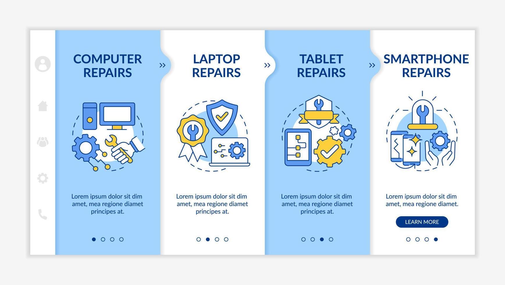 tipos de modelo de integração azul e branco de serviços. reparo e manutenção. site móvel responsivo com ícones de conceito linear. passo a passo da página da web tela de 4 etapas vetor