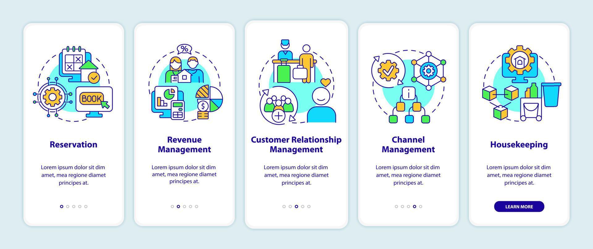 módulos de gerenciamento de propriedade na tela do aplicativo móvel. passo a passo de automação 5 passos páginas de instruções gráficas com conceitos lineares. ui, ux, modelo de gui. vetor