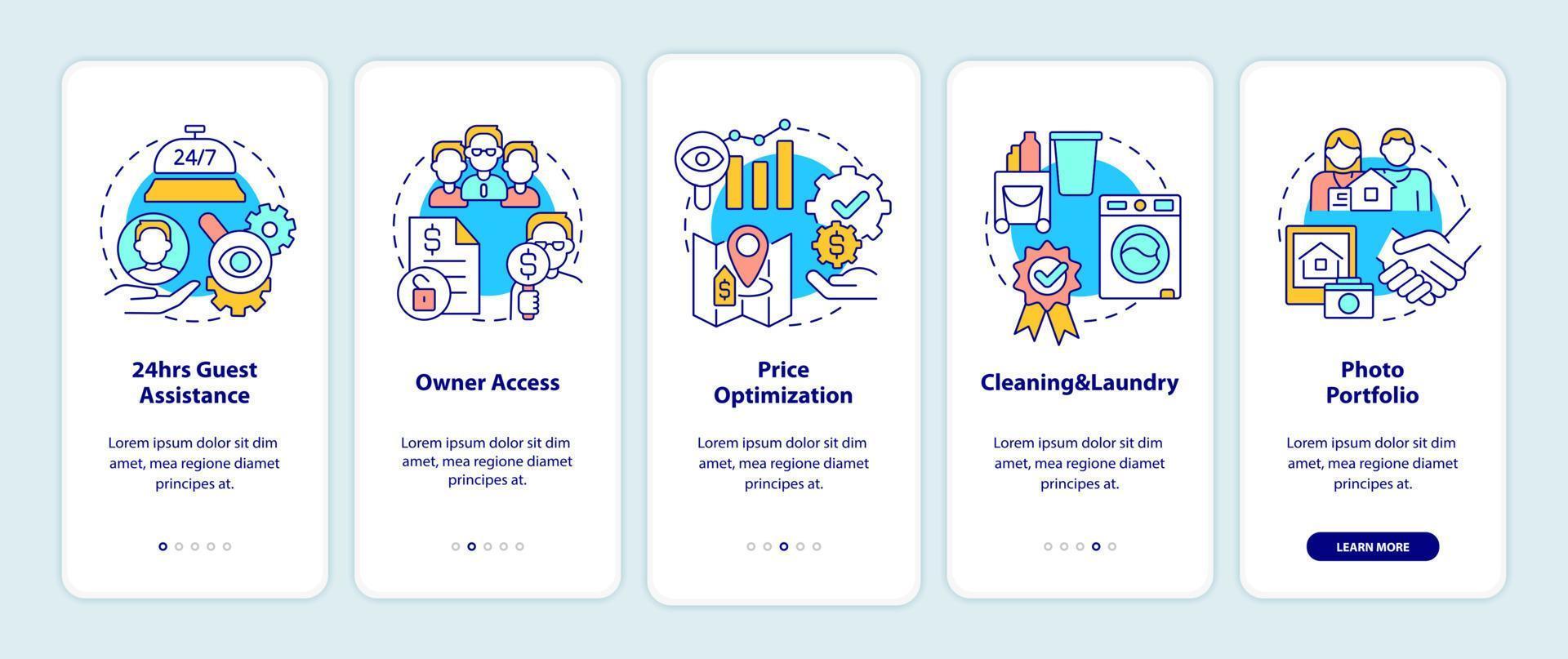 gerenciamento de propriedades na tela do aplicativo móvel de integração dos hotéis. serviços passo a passo 5 passos páginas de instruções gráficas com conceitos lineares. ui, ux, modelo de gui. vetor