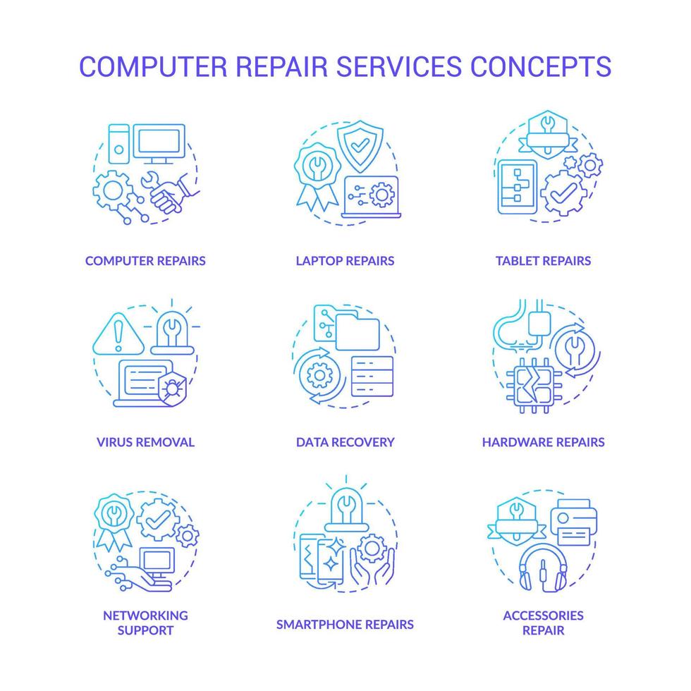 conjunto de ícones de conceito gradiente azul do serviço de reparo do computador. problema resolver ideia ilustrações de cores de linha fina. desenhos de contorno isolados. traço editável vetor