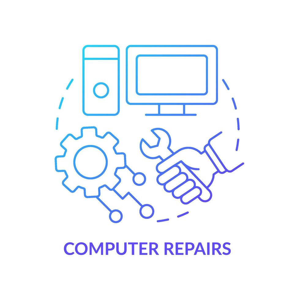 computador repara ícone de conceito gradiente azul. corrigir e resolver o problema. tipo de ilustração de linha fina de idéia abstrata de serviços. desenho de contorno isolado vetor