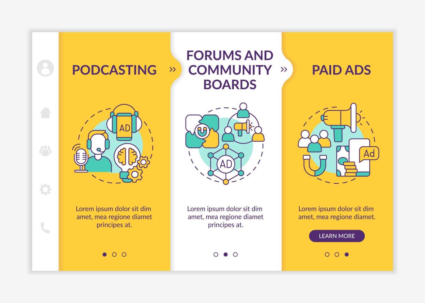 exemplos de marketing digital modelo de integração amarelo. ideias de propaganda. site móvel responsivo com ícones de conceito linear. passo a passo da página da web telas de 3 etapas. vetor