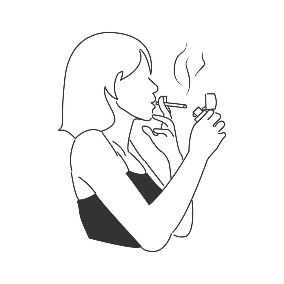 uma mulher está acendendo um cigarro usando um fósforo. desenho de arte de linha vetor