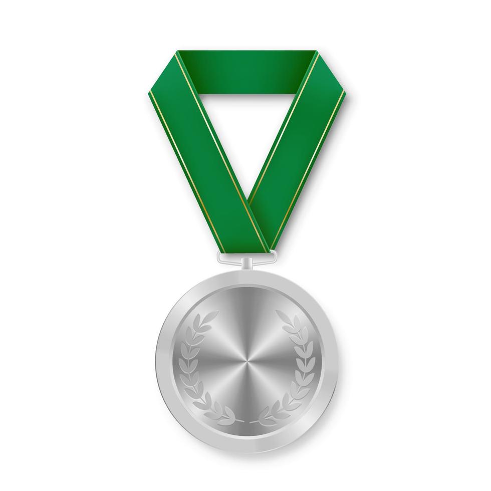 medalha de esporte de prêmio de prata para vencedores com fita verde vetor