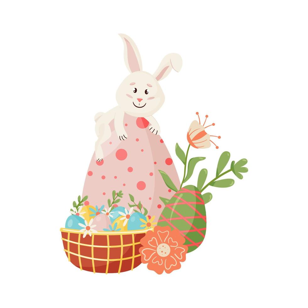 personagem de coelho. sentado no ovo, sorrindo engraçado, feliz coelho de desenho animado de páscoa com ovos, cesta, floral, flor vetor