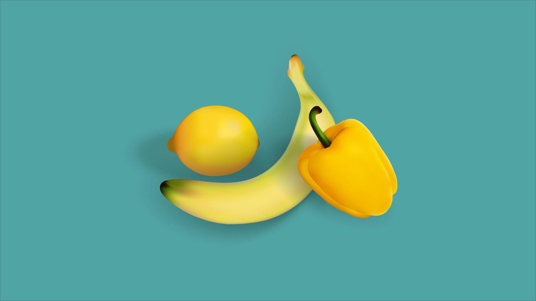 gráfico vetorial de ilustração realista de frutas e legumes usando esquema de cores amarelo, laranja e preto isolado sobre fundo verde. vetor