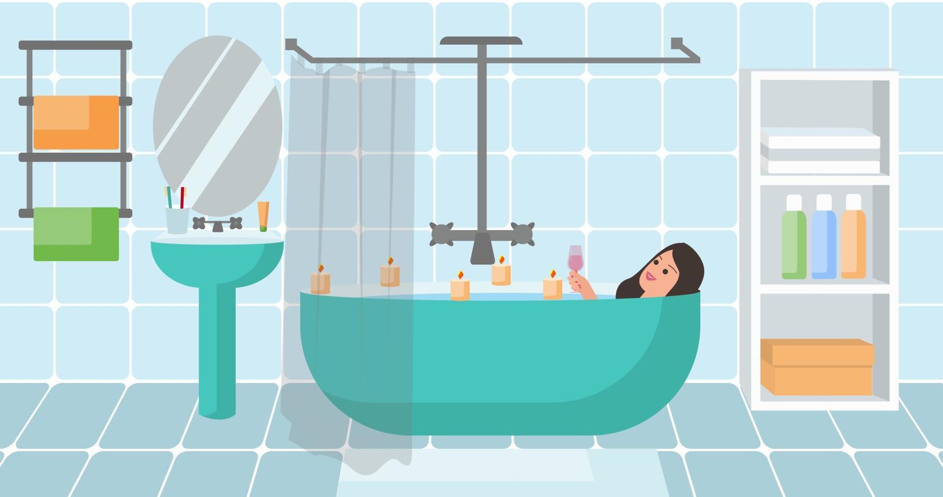 mulher no banho relaxante com ilustração vetorial de xícara de vinho vetor