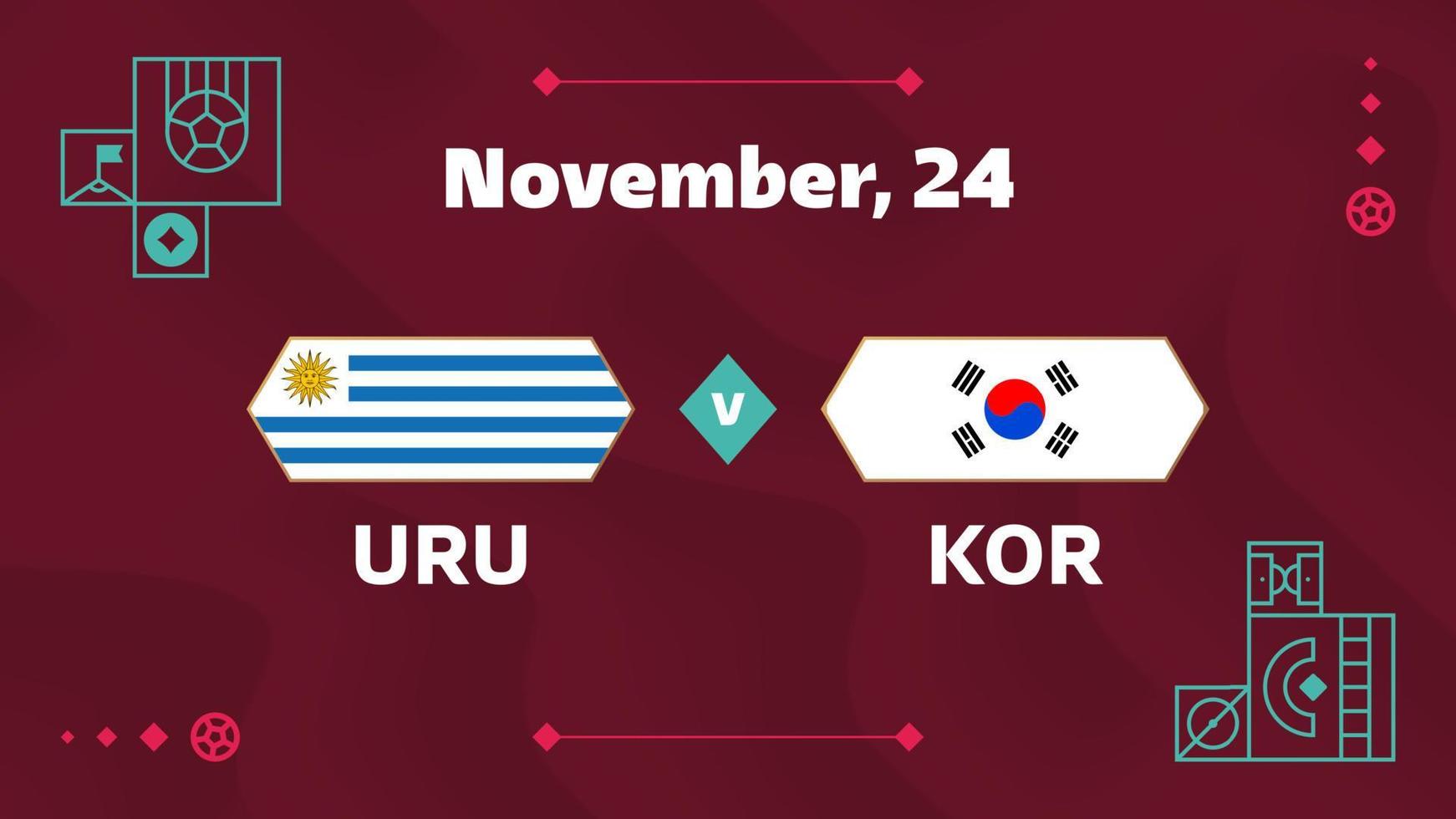 uruguai x coreia do sul, futebol 2022, grupo h. partida de campeonato de competição mundial de futebol contra fundo de esporte de introdução de equipes, cartaz final de competição de campeonato, ilustração vetorial. vetor