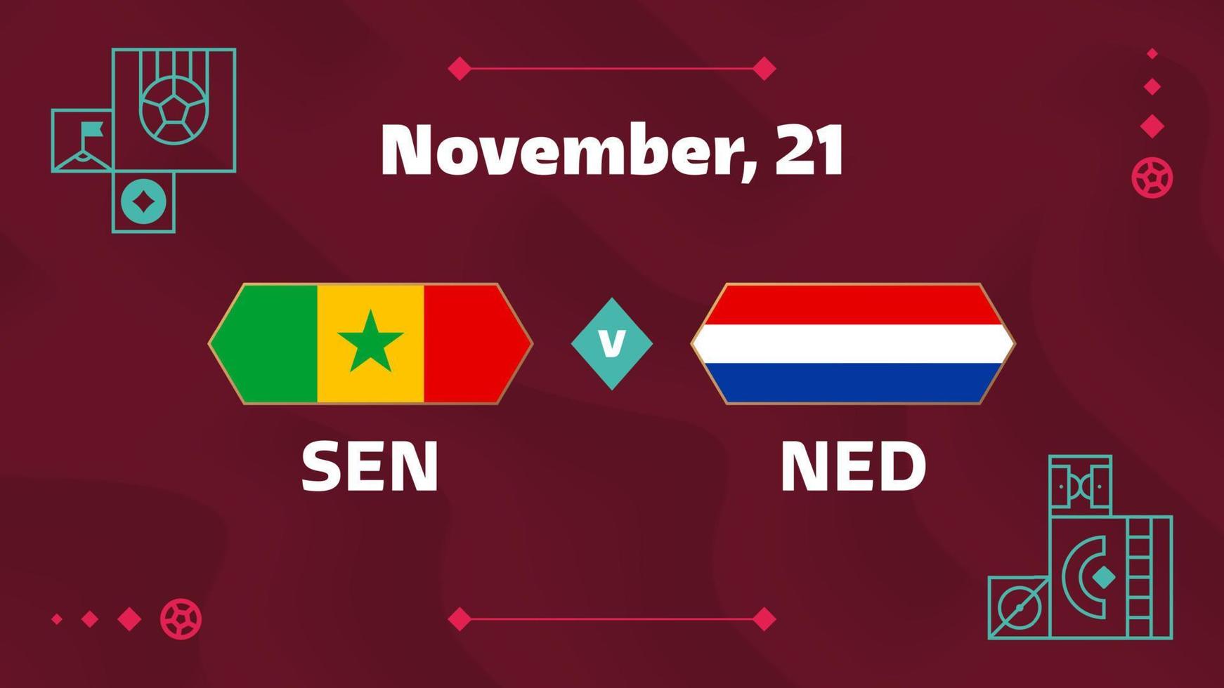 senegal vs holanda, futebol 2022, grupo a. partida de campeonato de competição mundial de futebol contra fundo de esporte de introdução de equipes, cartaz final de competição de campeonato, ilustração vetorial. vetor