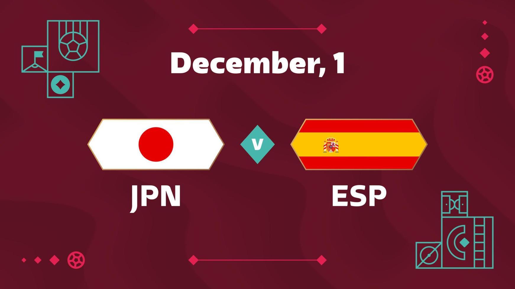 japão vs espanha, futebol 2022, grupo f. partida de campeonato de competição mundial de futebol contra fundo de esporte de introdução de equipes, cartaz final de competição de campeonato, ilustração vetorial. vetor