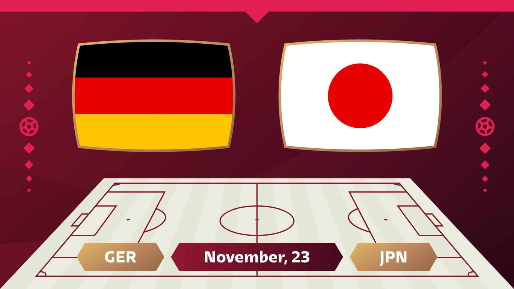 alemanha vs japão, futebol 2022, grupo e. partida de campeonato de competição mundial de futebol contra fundo de esporte de introdução de equipes, cartaz final de competição de campeonato, ilustração vetorial. vetor