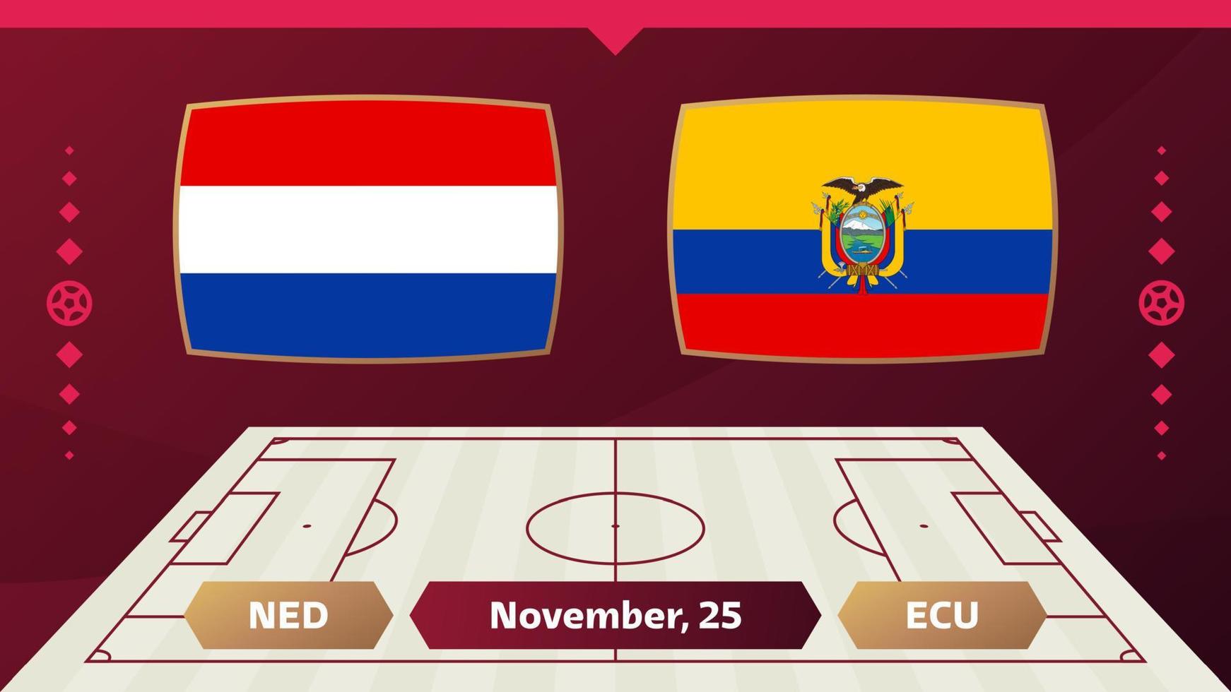 Holanda x Equador, futebol 2022, grupo a. partida de campeonato de competição mundial de futebol contra fundo de esporte de introdução de equipes, cartaz final de competição de campeonato, ilustração vetorial. vetor
