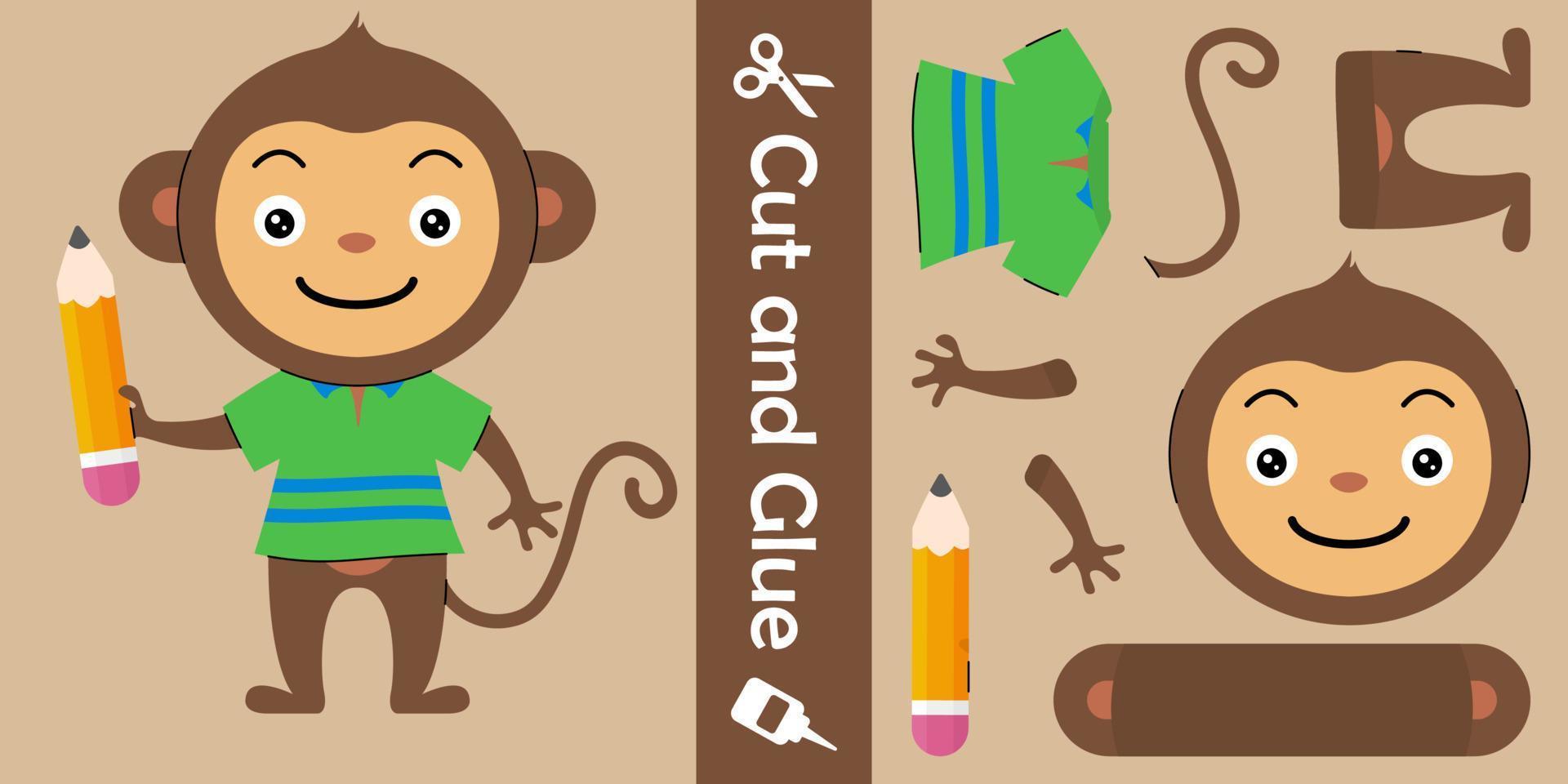 macaco bonito segurando o lápis. jogo de papel de educação para crianças. corte e cole. ilustração vetorial vetor