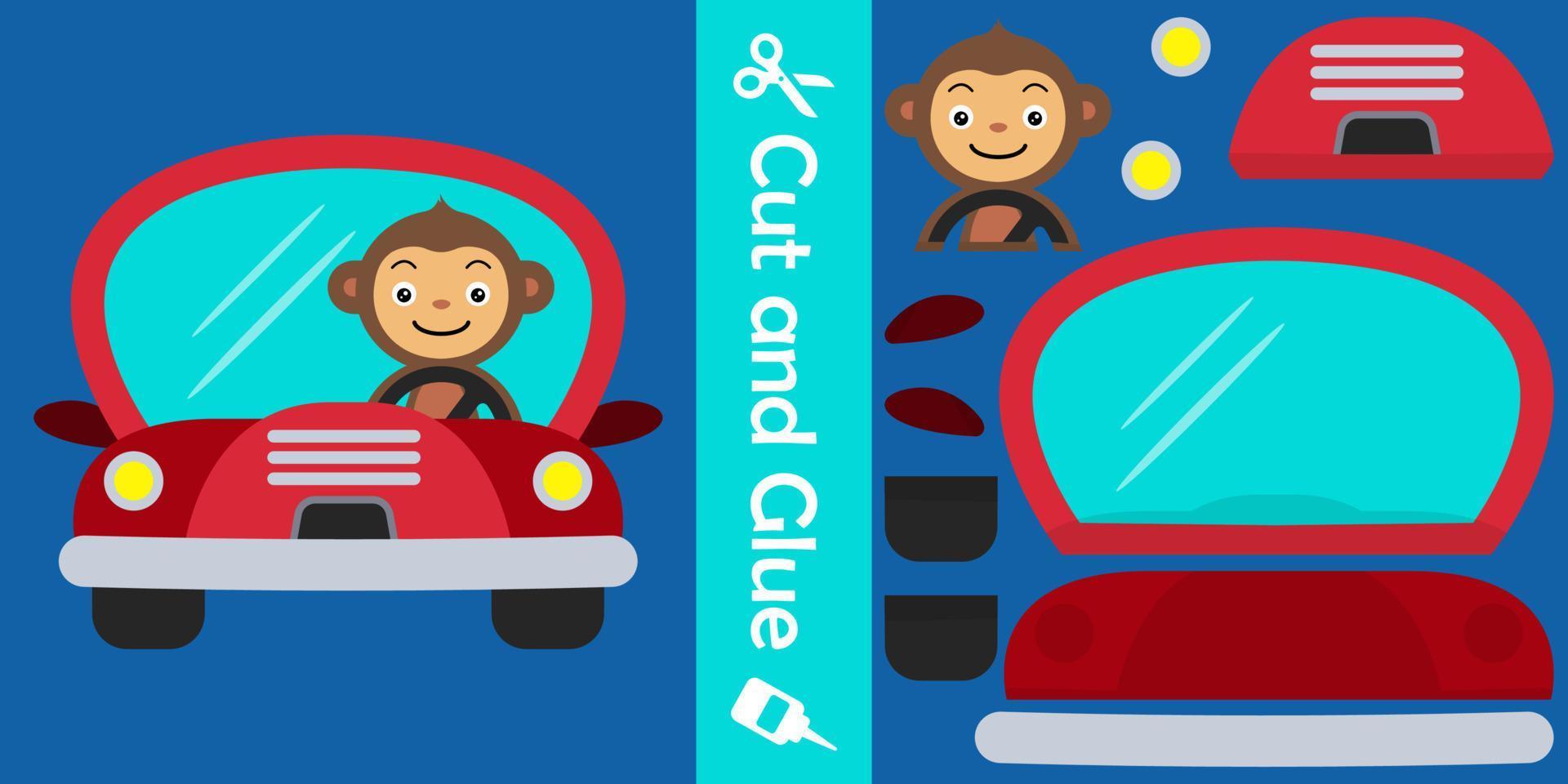 macaco bonito dirigindo um carro. jogo de papel de educação para crianças. corte e cole. ilustração vetorial vetor