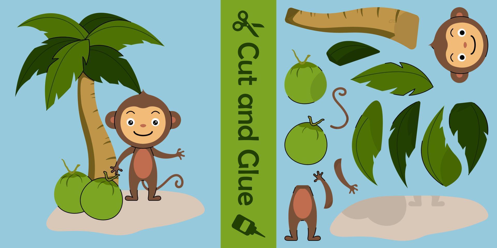 macaco bonito com coco. jogo de papel de educação para crianças. corte e cole. ilustração vetorial vetor