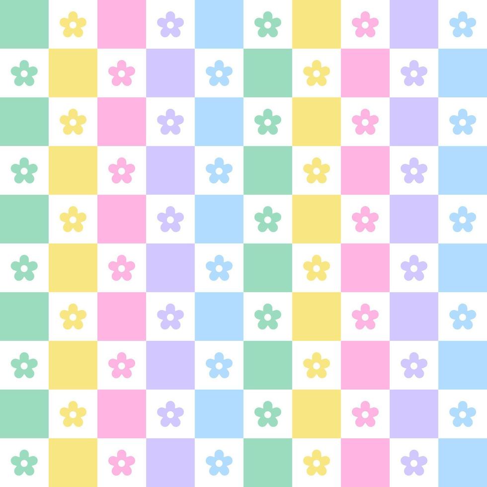 flor de margarida do arco-íris pastel verifique ilustração de padrão de guingão xadrez papel de embrulho, tapete de piquenique, toalha de mesa, fundo de tecido vetor