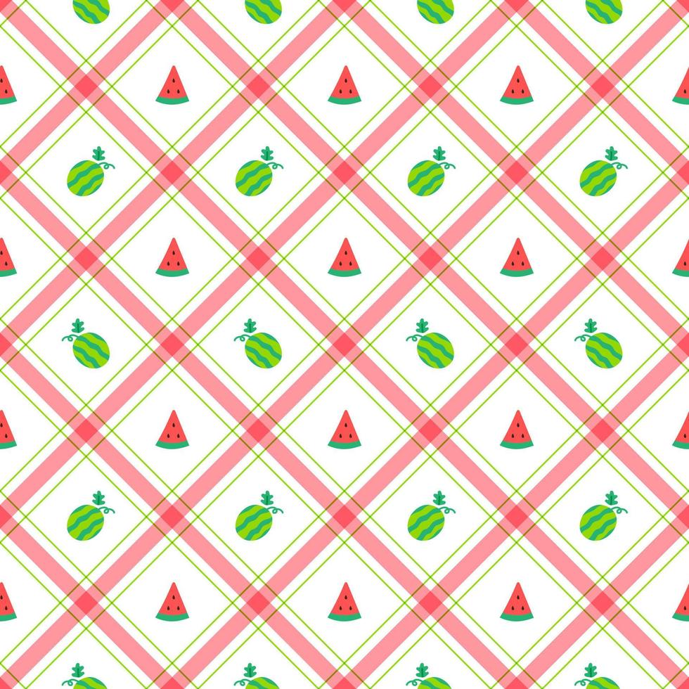 elemento de fruta melancia bonito vermelho verde listra diagonal linha listrada inclinação xadrez xadrez tartan búfalo padrão scott guingão vetor plano dos desenhos animados padrão sem costura impressão de fundo comida