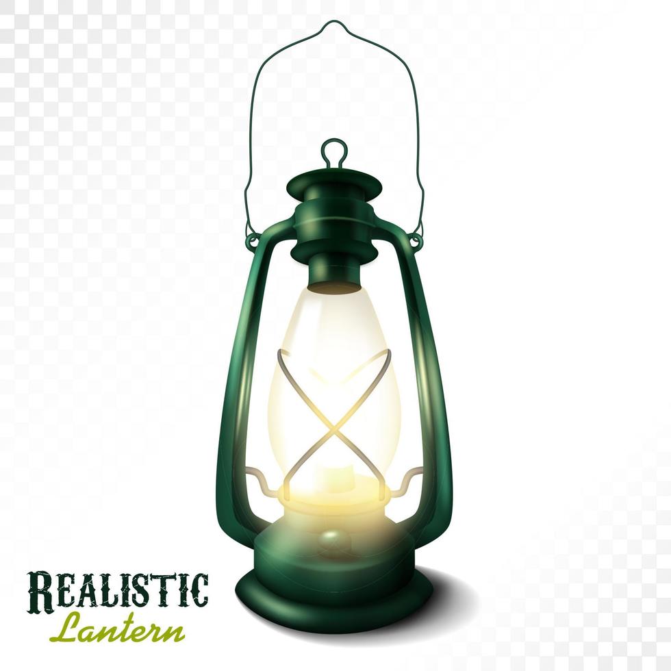 lanterna realista isolada no fundo branco, lâmpada de querosene iluminada. ilustração vetorial vetor