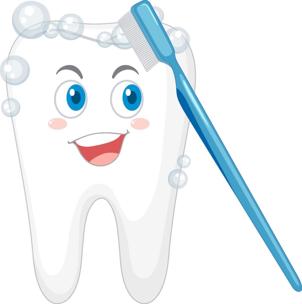dente feliz escovando-se com equipamento de limpeza dental vetor