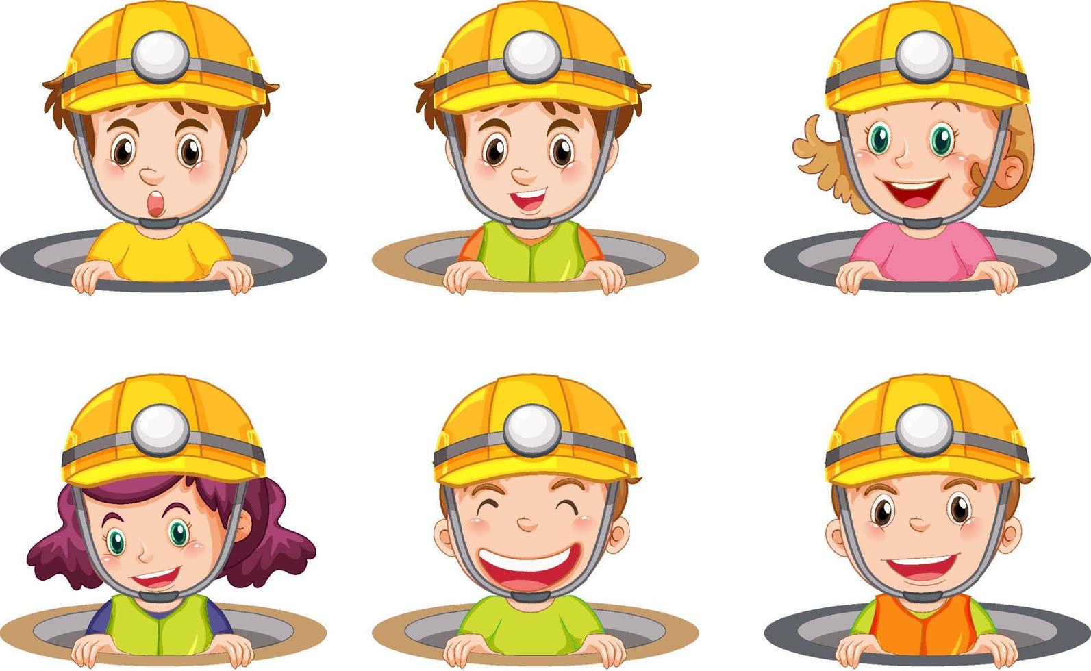crianças diferentes usando chapéu de engenheiro vetor