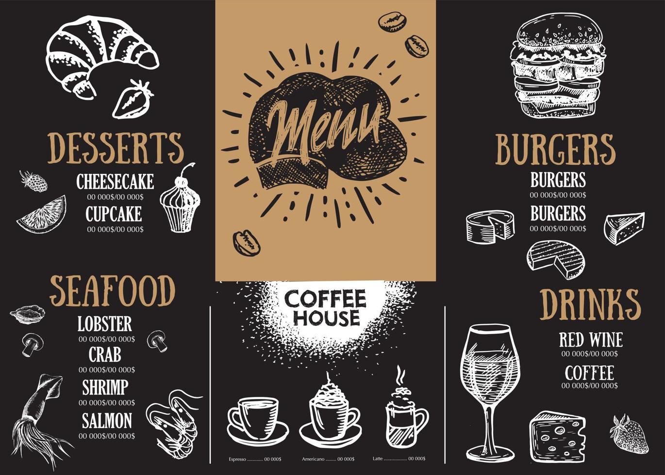 menu de restaurante, design de modelo... panfleto de comida. estilo desenhado à mão. ilustração vetorial. vetor