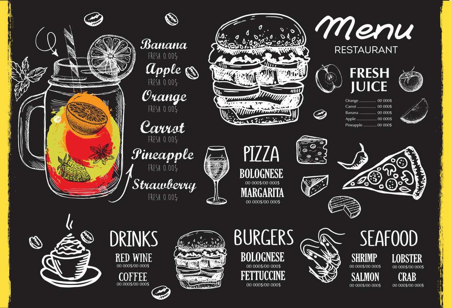 menu de restaurante, design de modelo... panfleto de comida. estilo desenhado à mão. ilustração vetorial. vetor