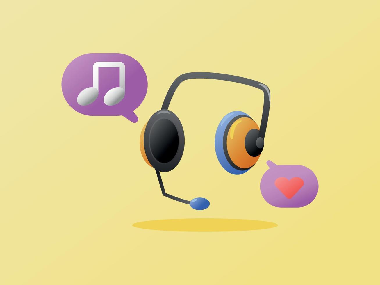 ilustração de fone de ouvido 3d com música tocando ícone minimalista moderno de texto explicativo roxo vetor