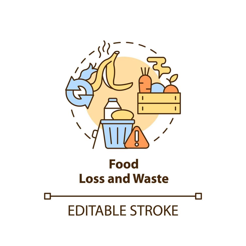 ícone de conceito de perda e desperdício de alimentos. desafios para alcançar a ilustração de linha fina de ideia abstrata de segurança alimentar. desenho de contorno isolado. traço editável. vetor