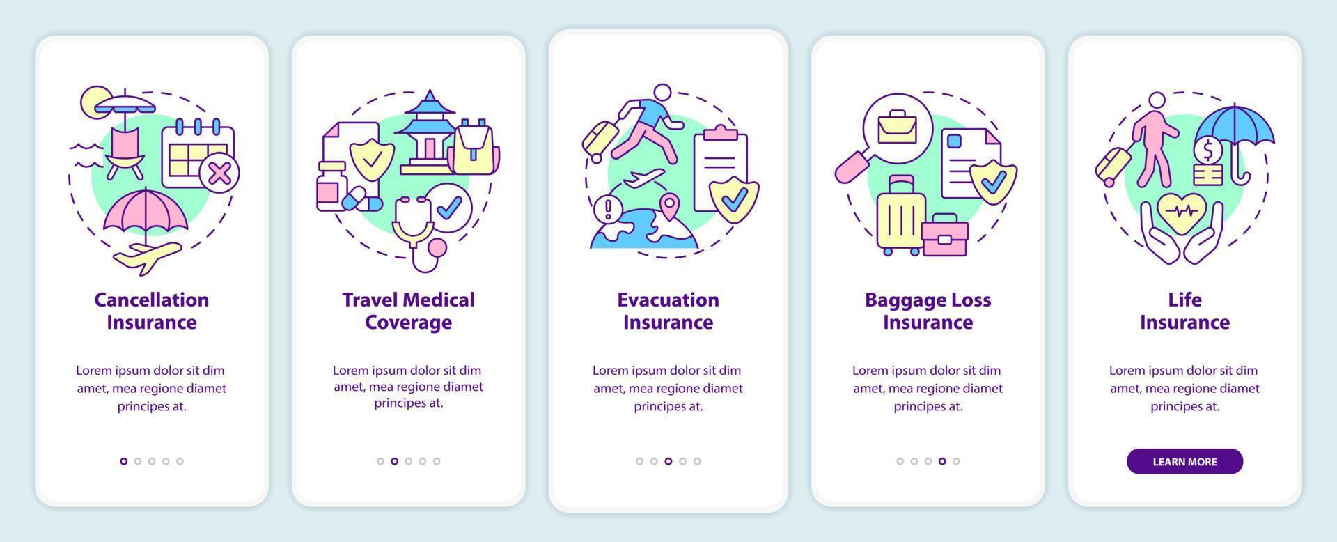 tipos de tela de aplicativo móvel de integração de seguro de viagem. cobertura turística passo a passo 5 passos páginas de instruções gráficas com conceitos lineares. ui, ux, modelo de gui. vetor