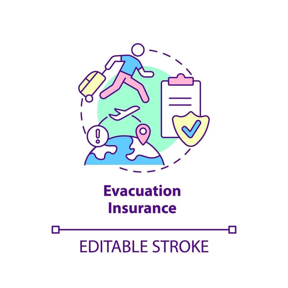 ícone de conceito de seguro de evacuação. tipos de ilustração de linha fina de idéia abstrata de proteção financeira de viagem. desenho de contorno isolado. traço editável. vetor