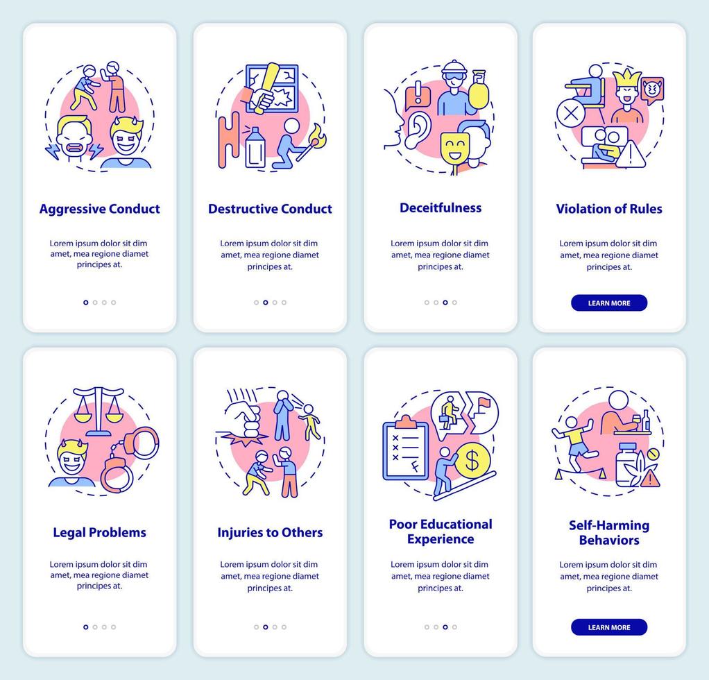 conjunto de tela de aplicativo móvel de integração de transtorno de conduta. comportamento e efeito passo a passo 4 passos páginas de instruções gráficas com conceitos lineares. ui, ux, modelo de gui. vetor