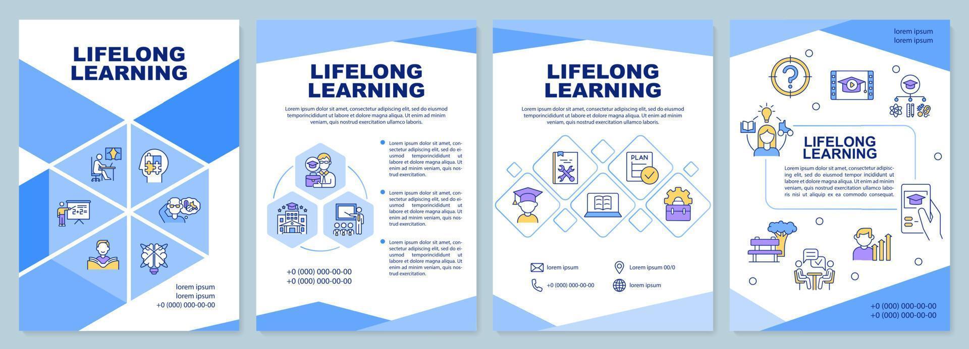 modelo de folheto de orientação de aprendizagem ao longo da vida. educação permanente. design de folheto com ícones lineares. 4 layouts vetoriais para apresentação, relatórios anuais. vetor