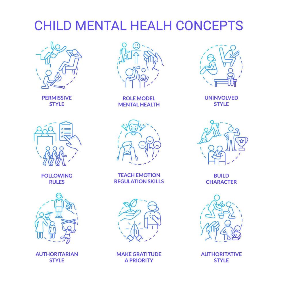 conjunto de ícones de conceito gradiente azul de saúde mental de criança. construir ilustrações de cores de linha fina de ideia de personagem. ensinar habilidades de regulação emocional. símbolos isolados. vetor