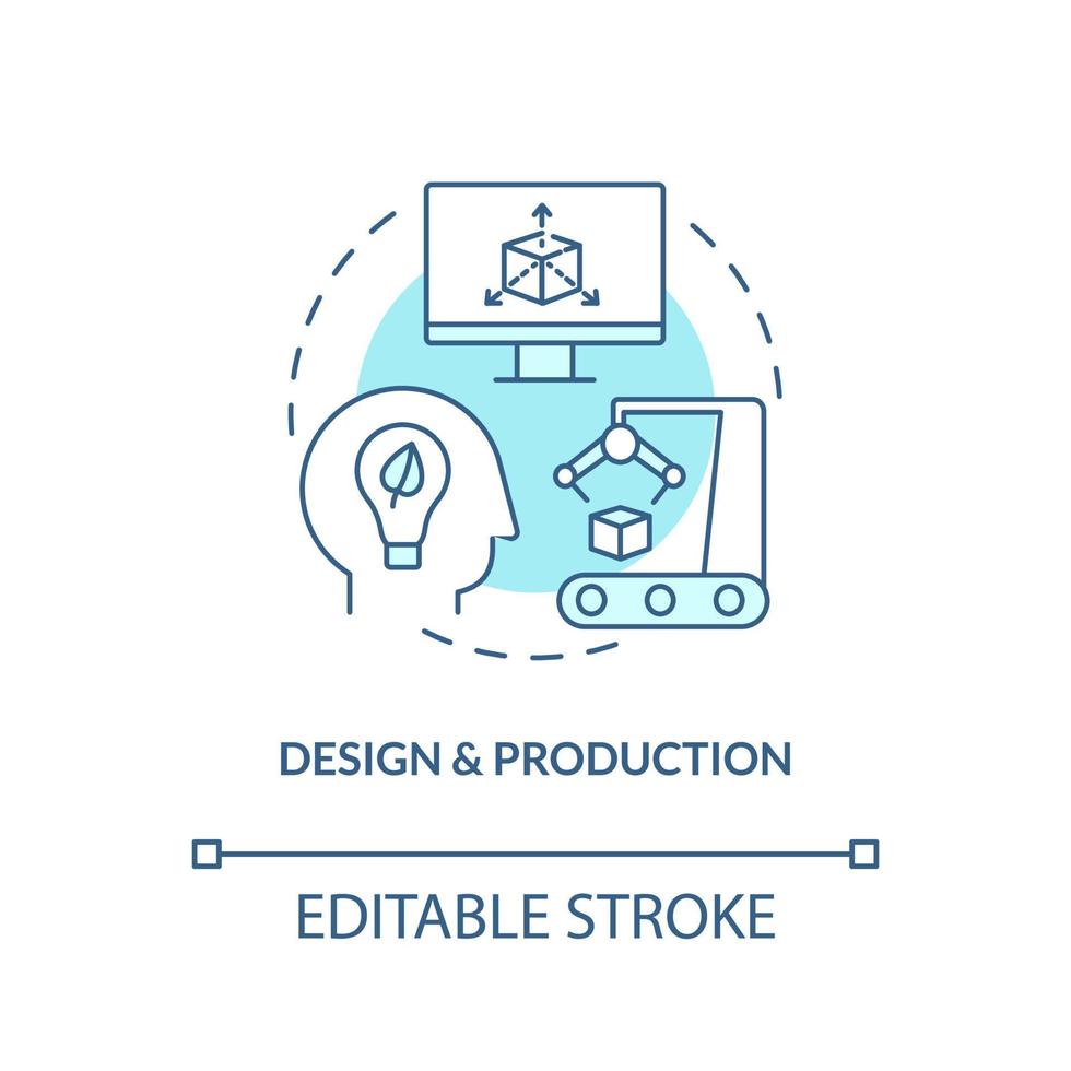 ícone de conceito turquesa de design e produção. ilustração de linha fina de idéia abstrata de fabricação sustentável. desenho de contorno isolado. traço editável. vetor