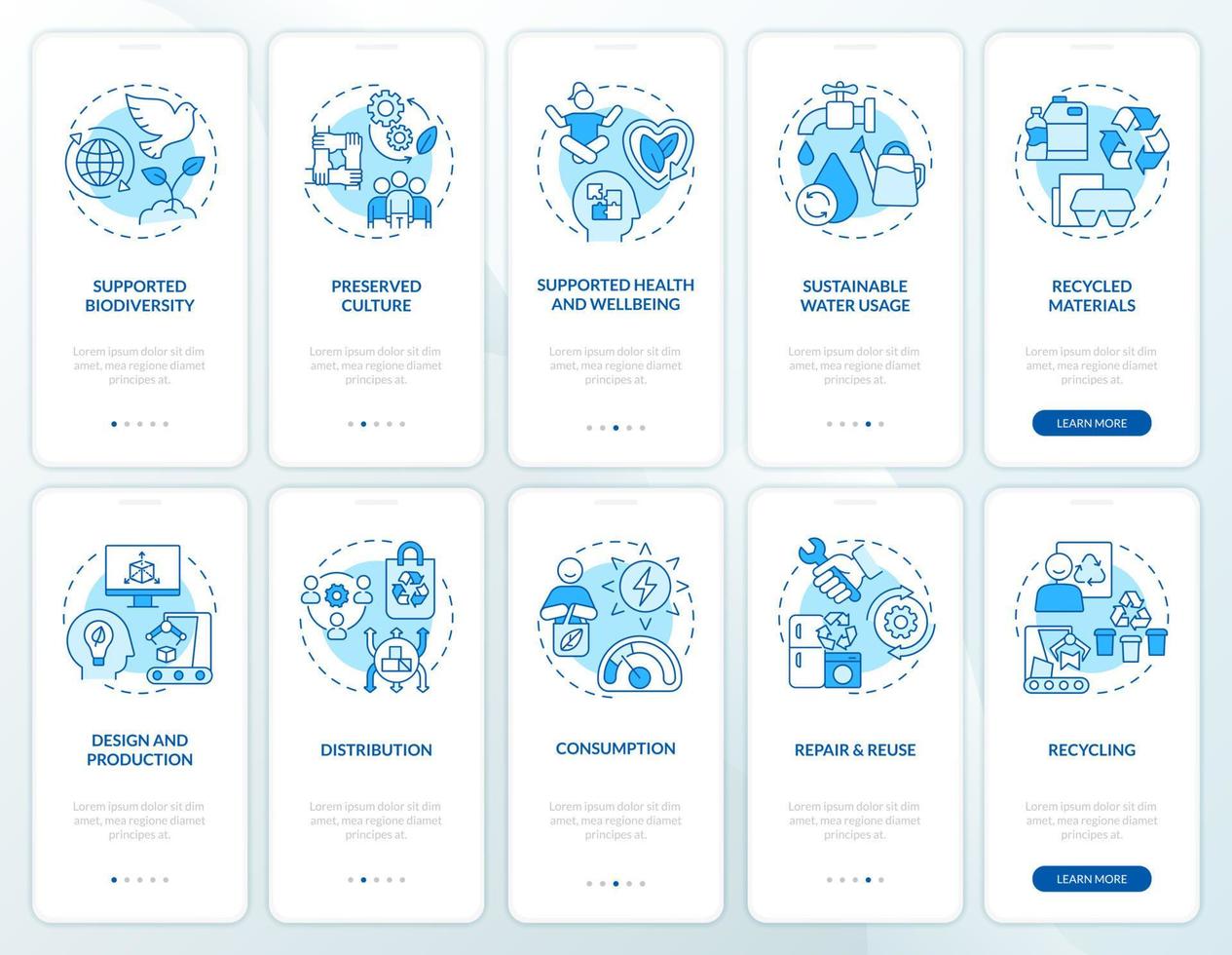 a economia circular pratica o conjunto de telas de aplicativos móveis de integração azul. recicle páginas de instruções gráficas passo a passo de 5 passos com conceitos lineares. ui, ux, modelo de gui. vetor