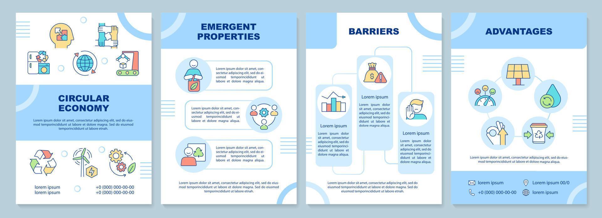 modelo de folheto azul de abordagem de economia circular. propriedades emergentes. design de folheto com ícones lineares. 4 layouts vetoriais para apresentação, relatórios anuais. vetor