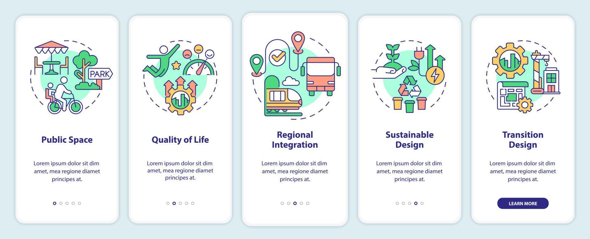 princípios de design urbano na tela do aplicativo móvel. qualidade de vida passo a passo 5 passos páginas de instruções gráficas com conceitos lineares. ui, ux, modelo de gui. vetor