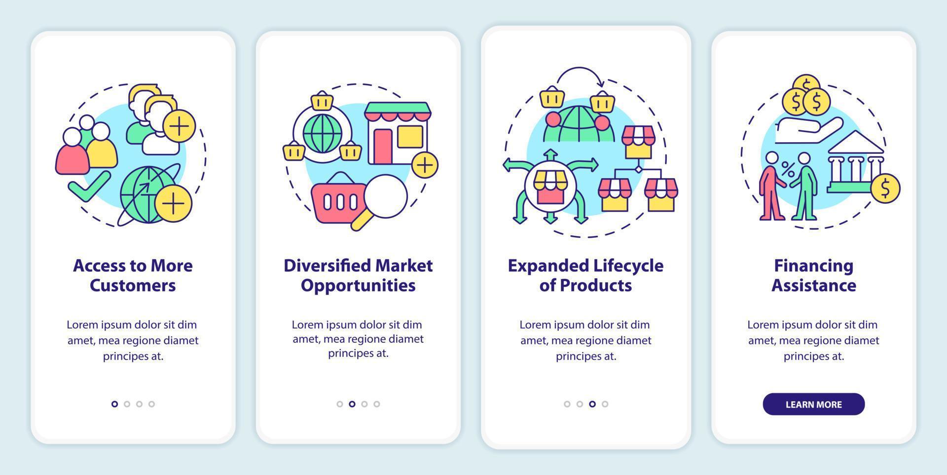 exportar vantagens comerciais na tela do aplicativo móvel. passo a passo 4 passos páginas de instruções gráficas com conceitos lineares. ui, ux, modelo de gui. vetor