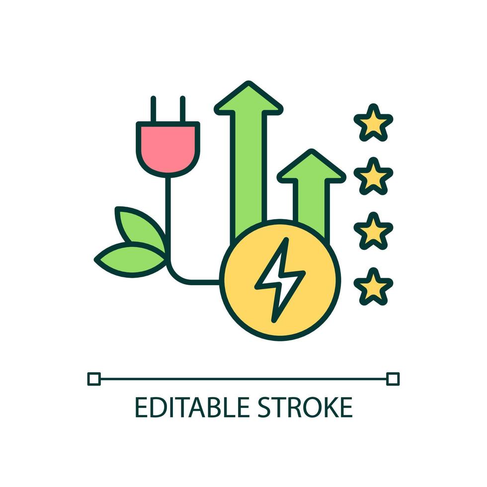 ícone de cor rgb de eletricidade sustentável. recurso de energia alternativo. energia ecologicamente correta. aumentando a popularidade. ilustração vetorial isolado. desenho de linha preenchido simples. traço editável. vetor