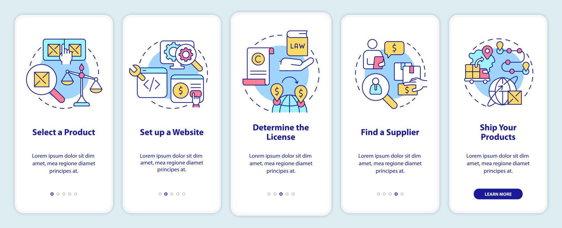 como começar a exportar a tela do aplicativo móvel de integração de negócios. passo a passo 5 passos páginas de instruções gráficas com conceitos lineares. ui, ux, modelo de gui. vetor