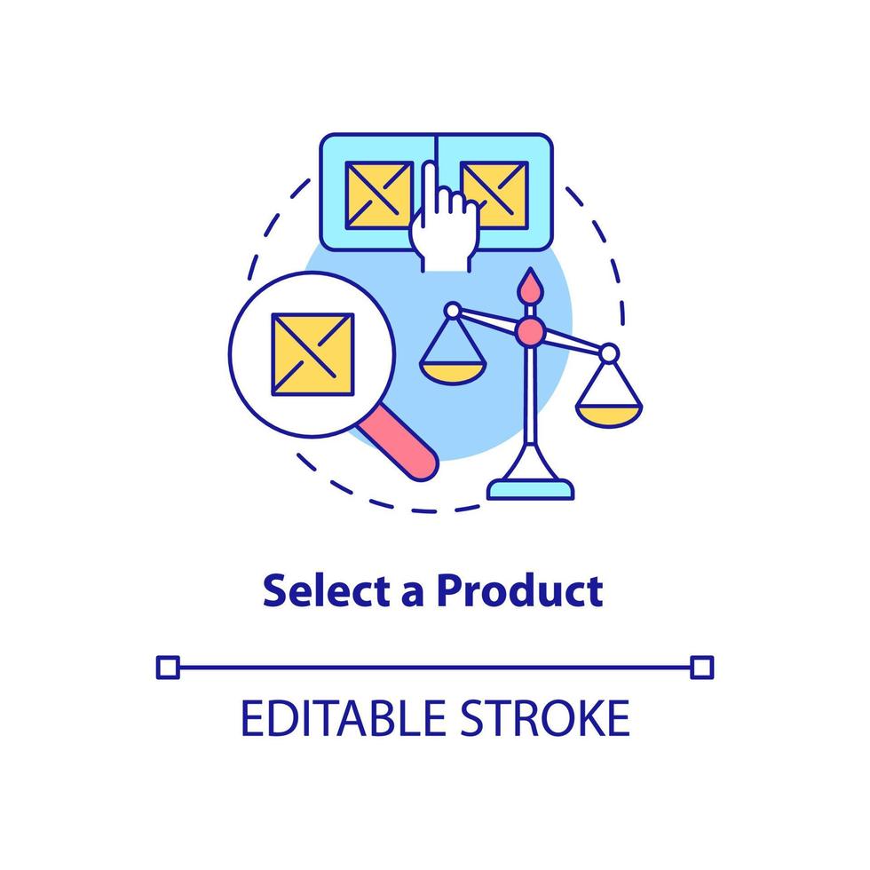 selecione o ícone do conceito de produto. escolher mercadorias para o comércio. como iniciar a ilustração de linha fina de ideia abstrata de negócios de exportação. desenho de contorno isolado. vetor