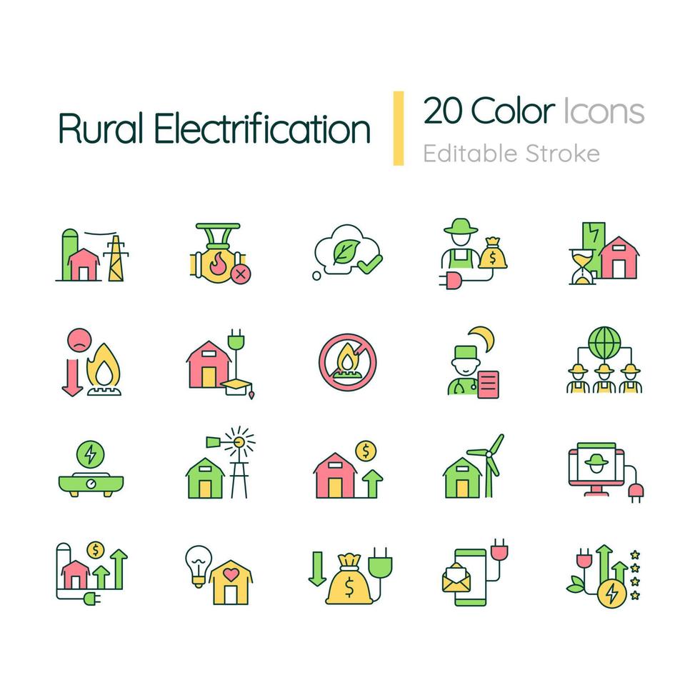 Conjunto de ícones de cor rgb de eletrificação rural. áreas remotas. energia elétrica. ilustrações vetoriais isoladas. coleção de desenhos de linha cheia simples. traço editável. vetor